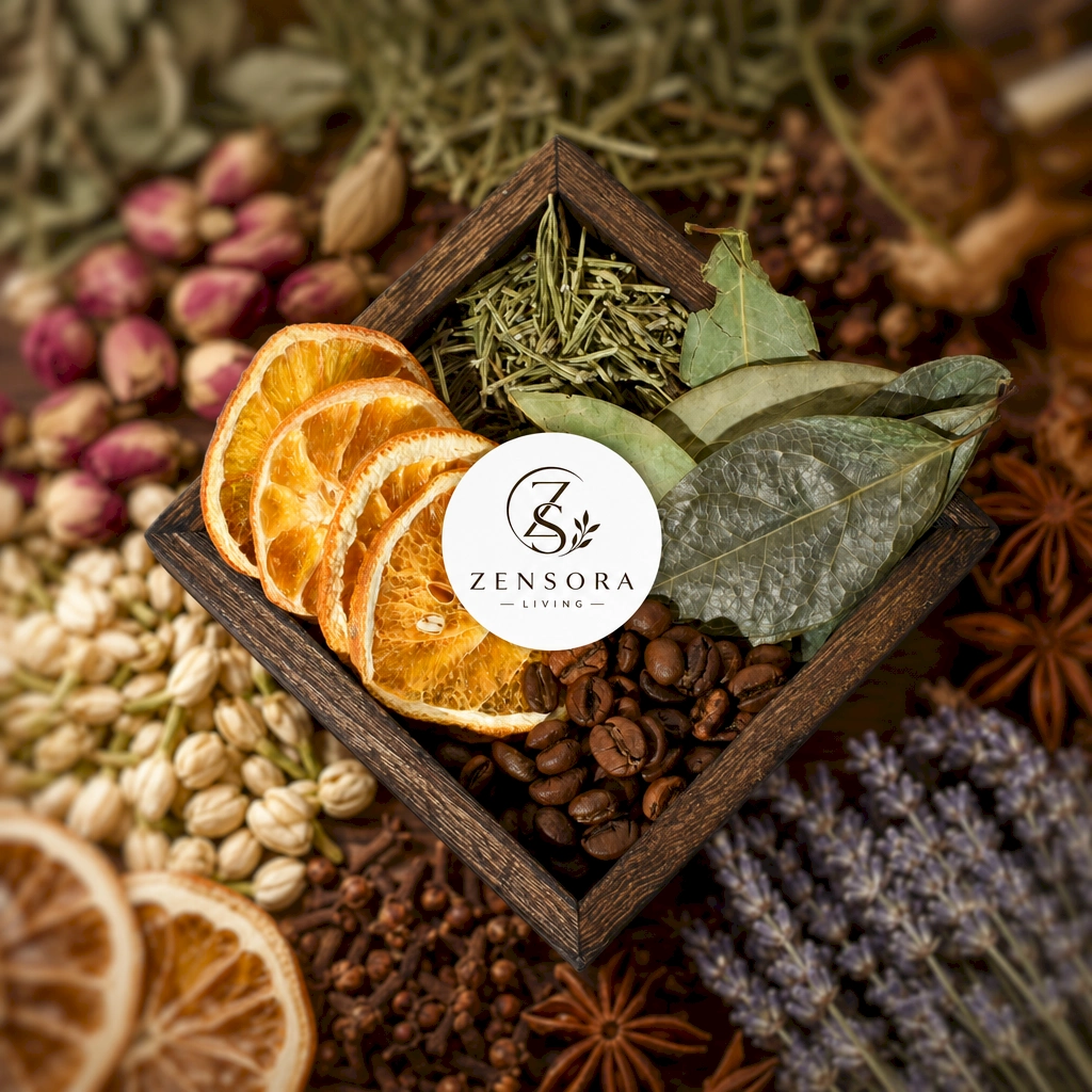 Coffee orange aromatherapy arrangement in wooden tray with bay leaves and dried orange slices