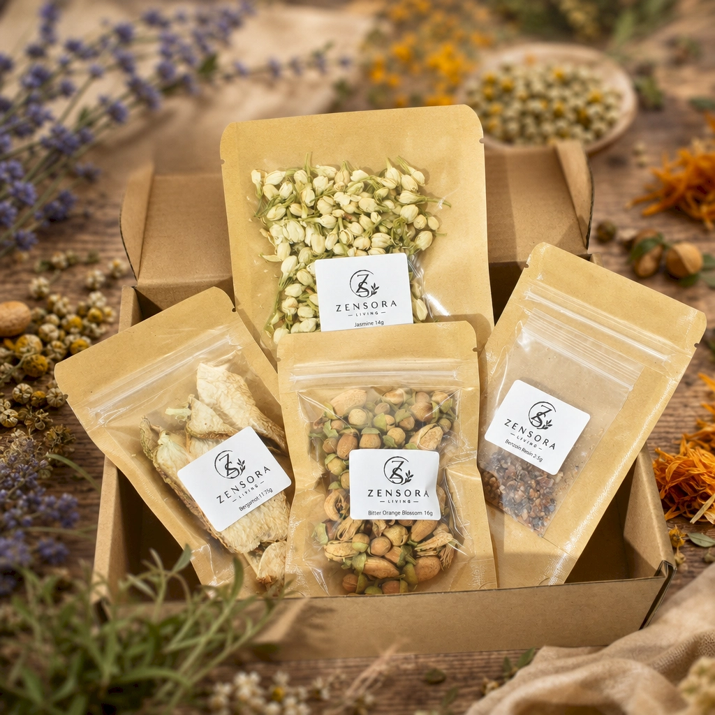 Floral resin aromatherapy gift set with jasmine dai dai bergamot and benzoin in kraft pouches