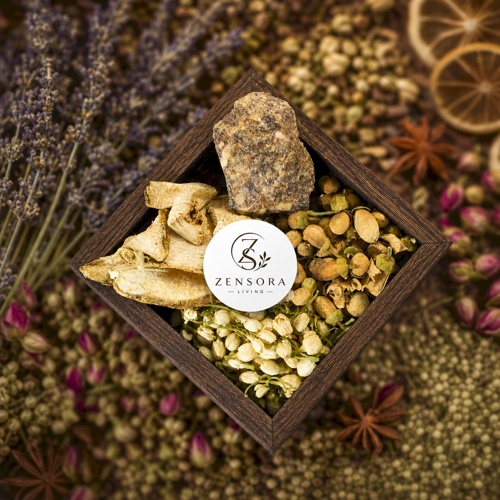Floral resin aromatherapy blend with bergamot peel jasmine and benzoin in wood box