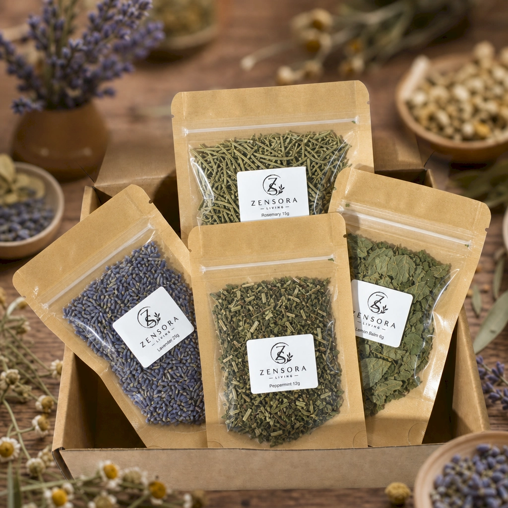 Close-up of dried rosemary peppermint lemon balm lavender for aromatherapy gift