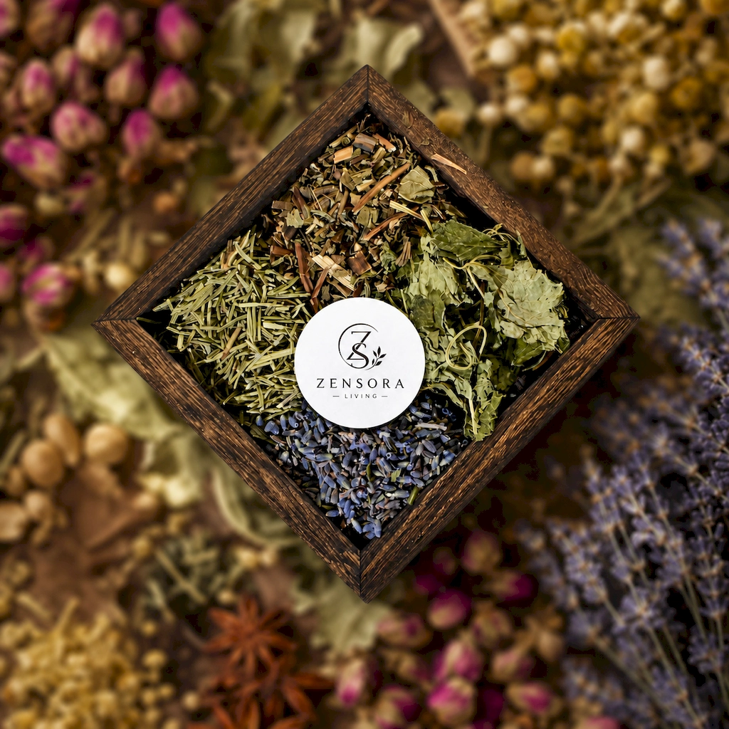 Close-up of dried rosemary peppermint lemon balm lavender for aromatherapy gift