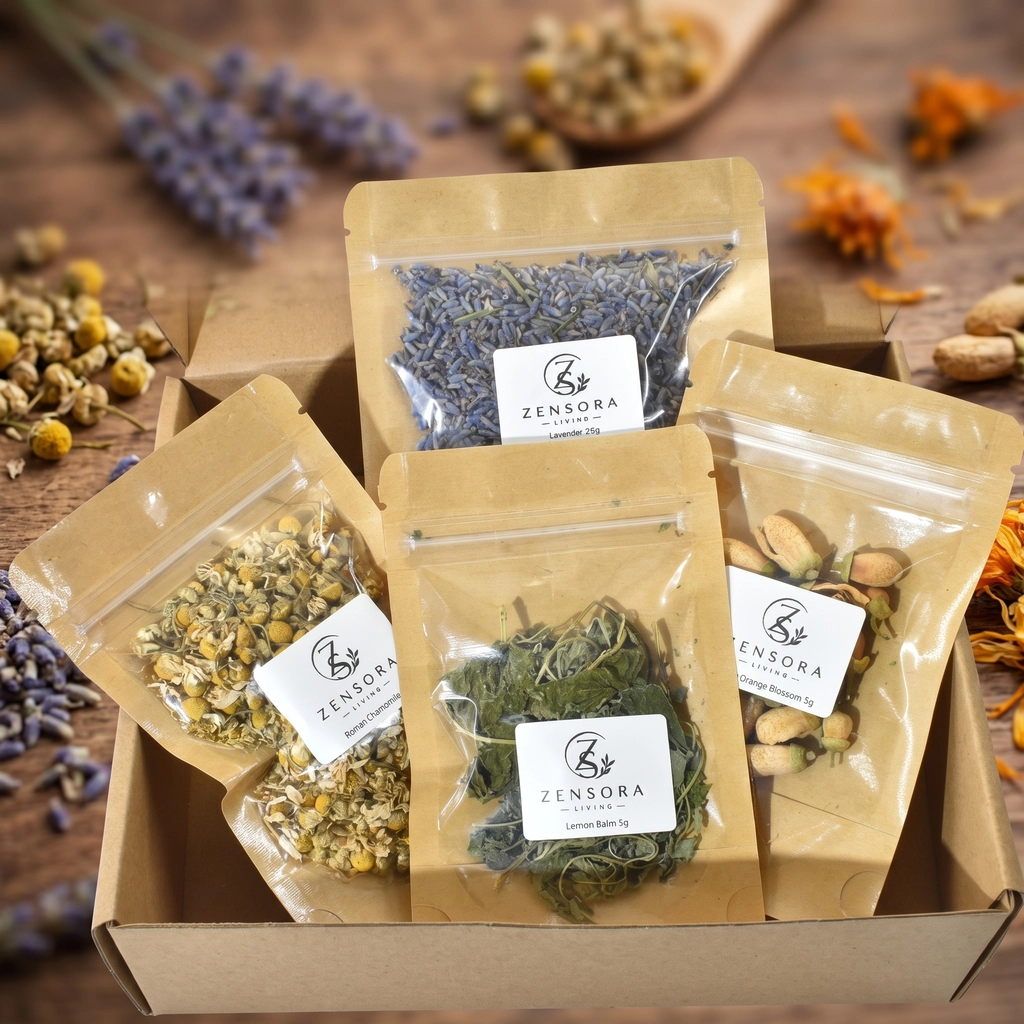 Assorted dried aromatherapy herbs potpourri display on linen cloth with wooden tray rustic home decor