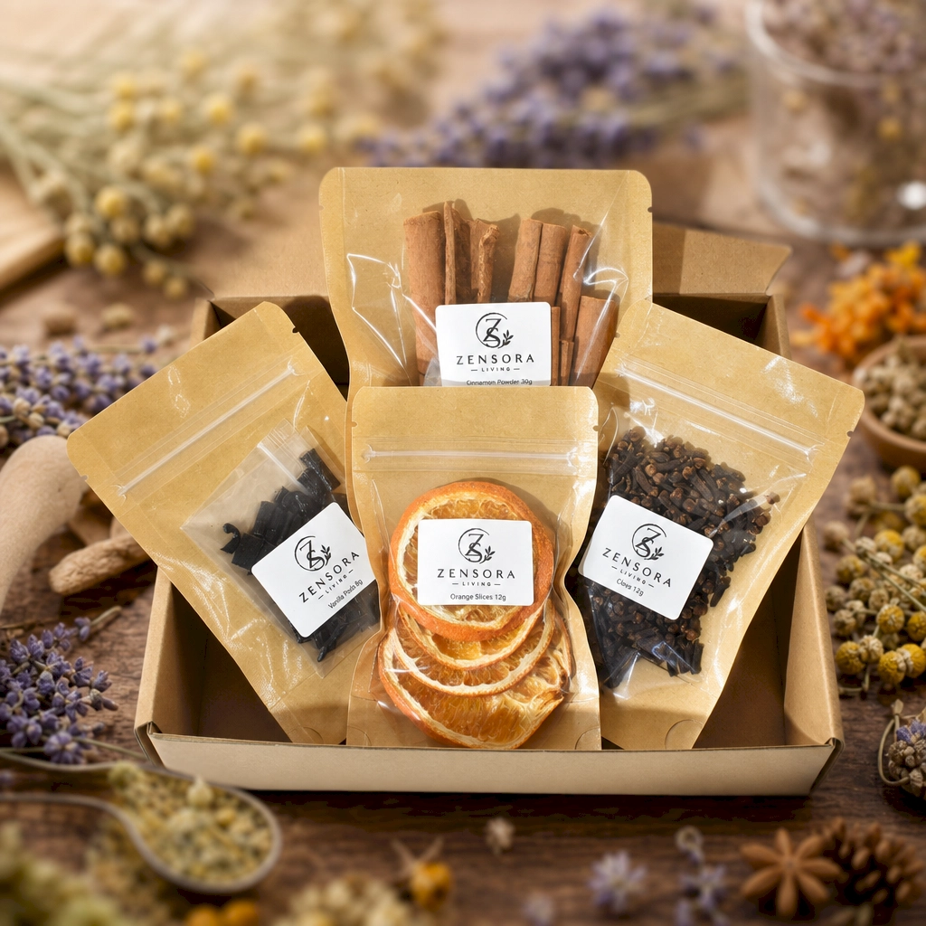 Dried orange slices cinnamon sticks cloves and vanilla pods for aromatherapy warmer