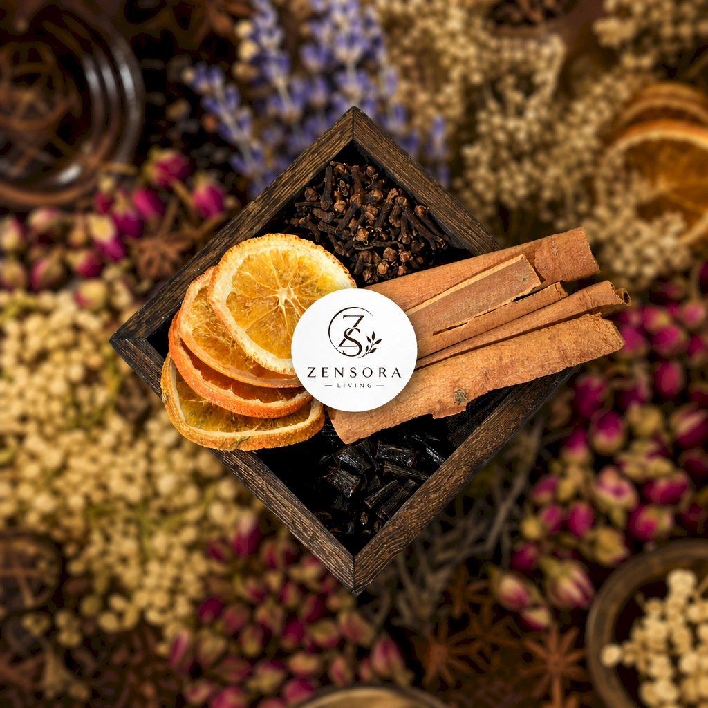 Spiced orange aromatherapy gift set warming on ceramic burner with tealight