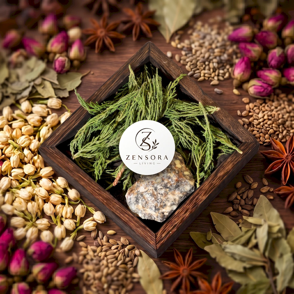 Cedar sprigs and benzoin resin in wooden triangle tray