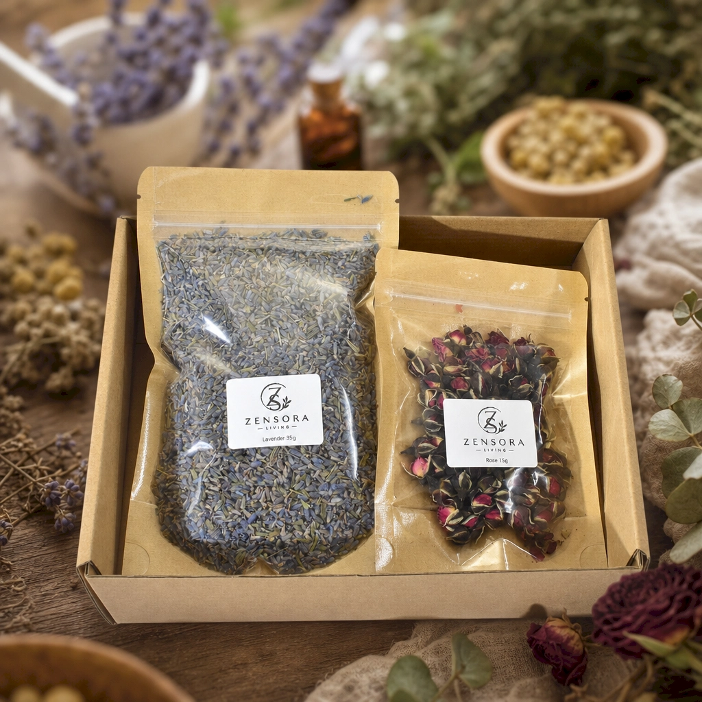 Aromatherapy gift set with lavender rose buds in ceramic warmer