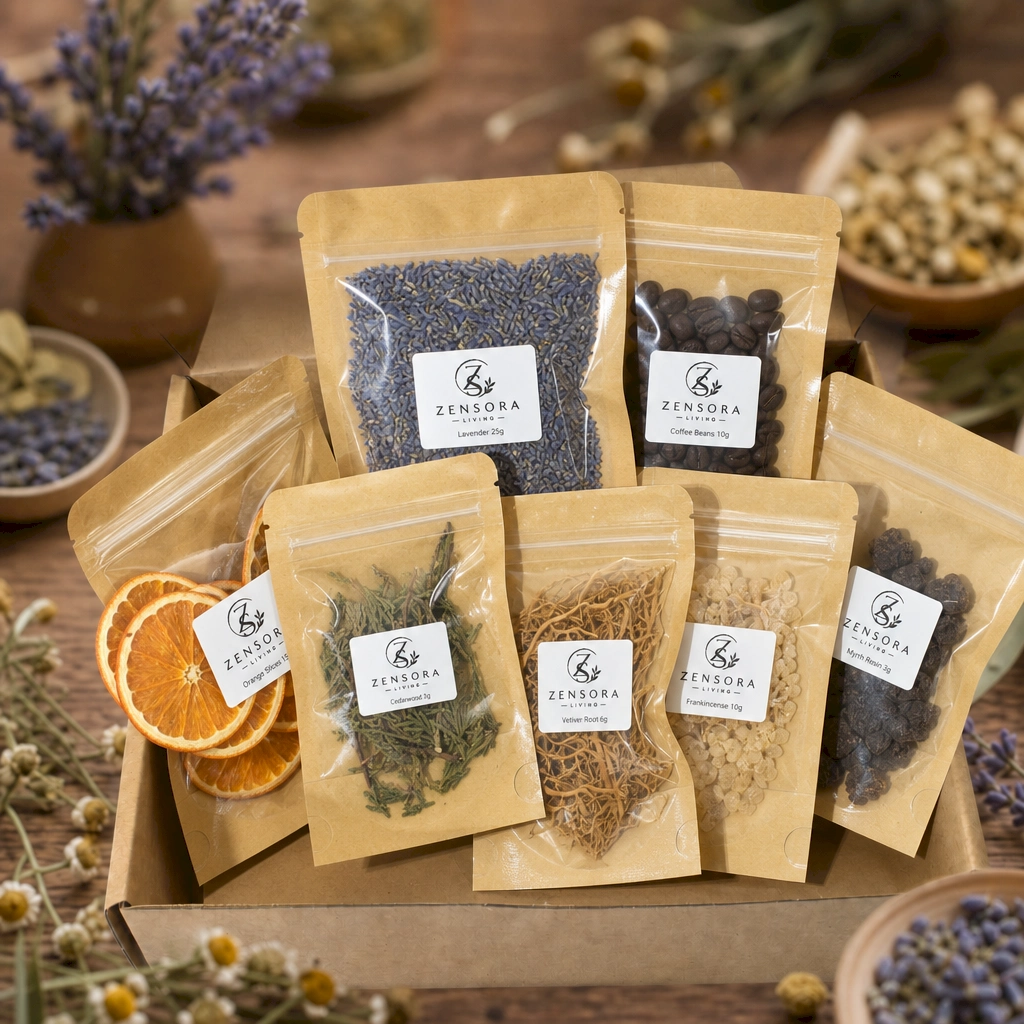 Orange slices, coffee beans, lavender, cedar, vetiver, frankincense & myrrh in wooden triangle tray