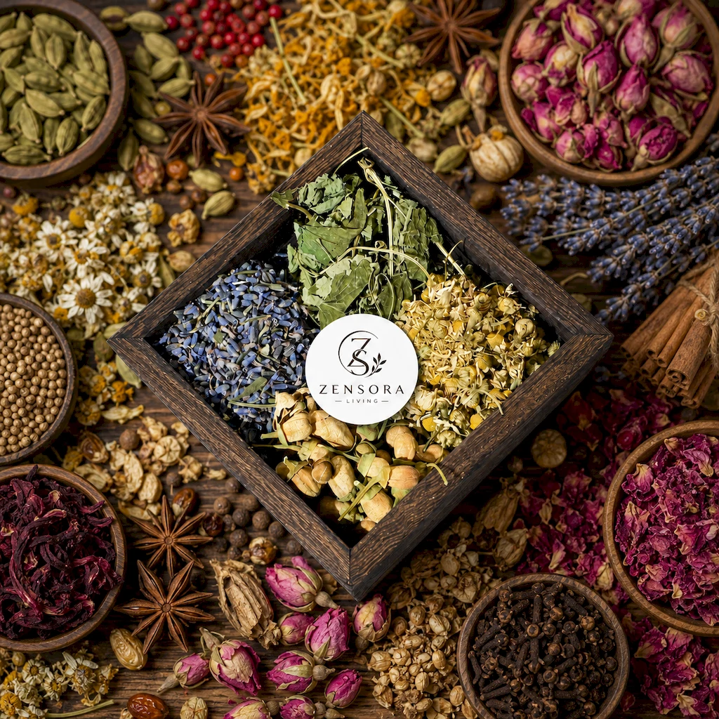 Calming herbal aromatherapy gift set with lavender chamomile lemon balm and dai dai in wooden tray