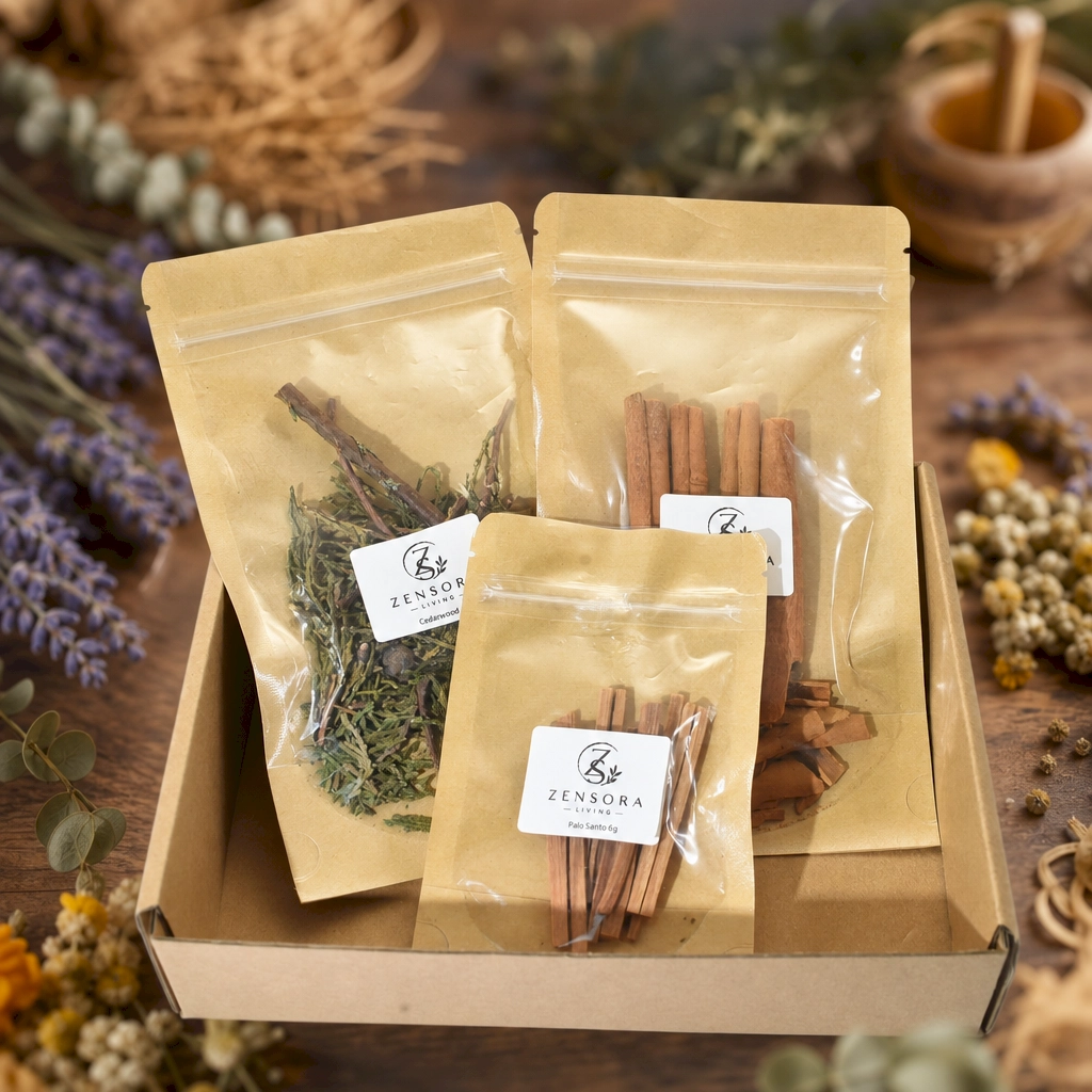 Cedar cinnamon and Palo Santo in wooden triangle tray