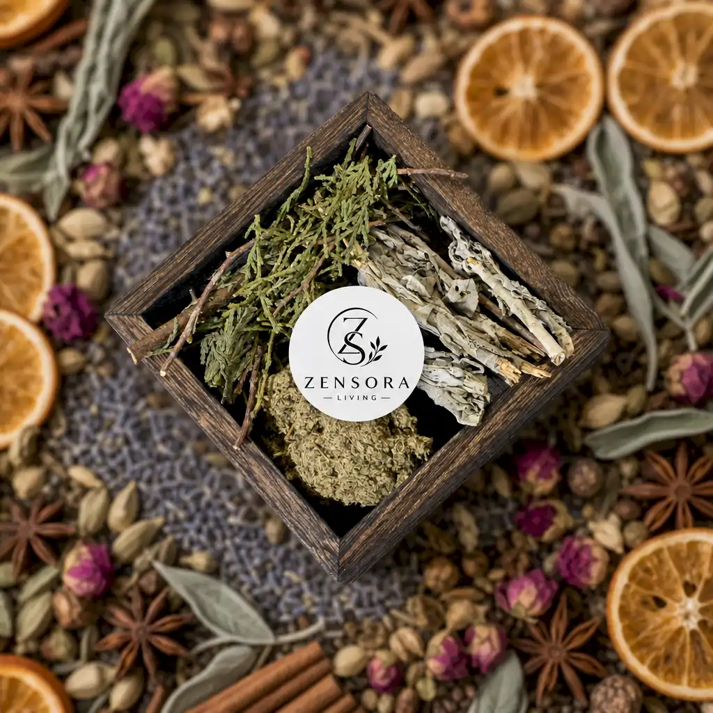 Smudging aromatherapy gift set herbs warming on ceramic burner with tealight