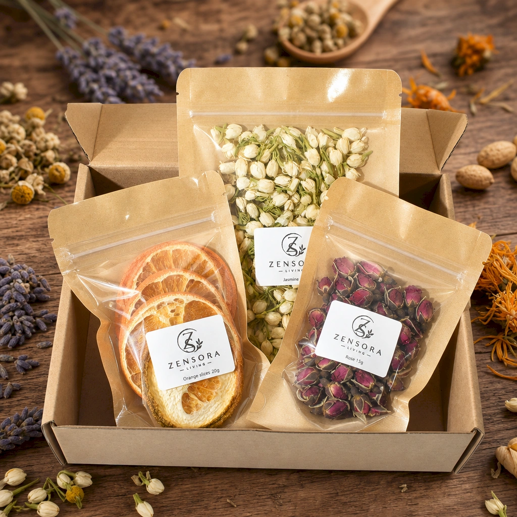 Citrus floral aromatherapy gift set in kraft pouches with Zensora Living label