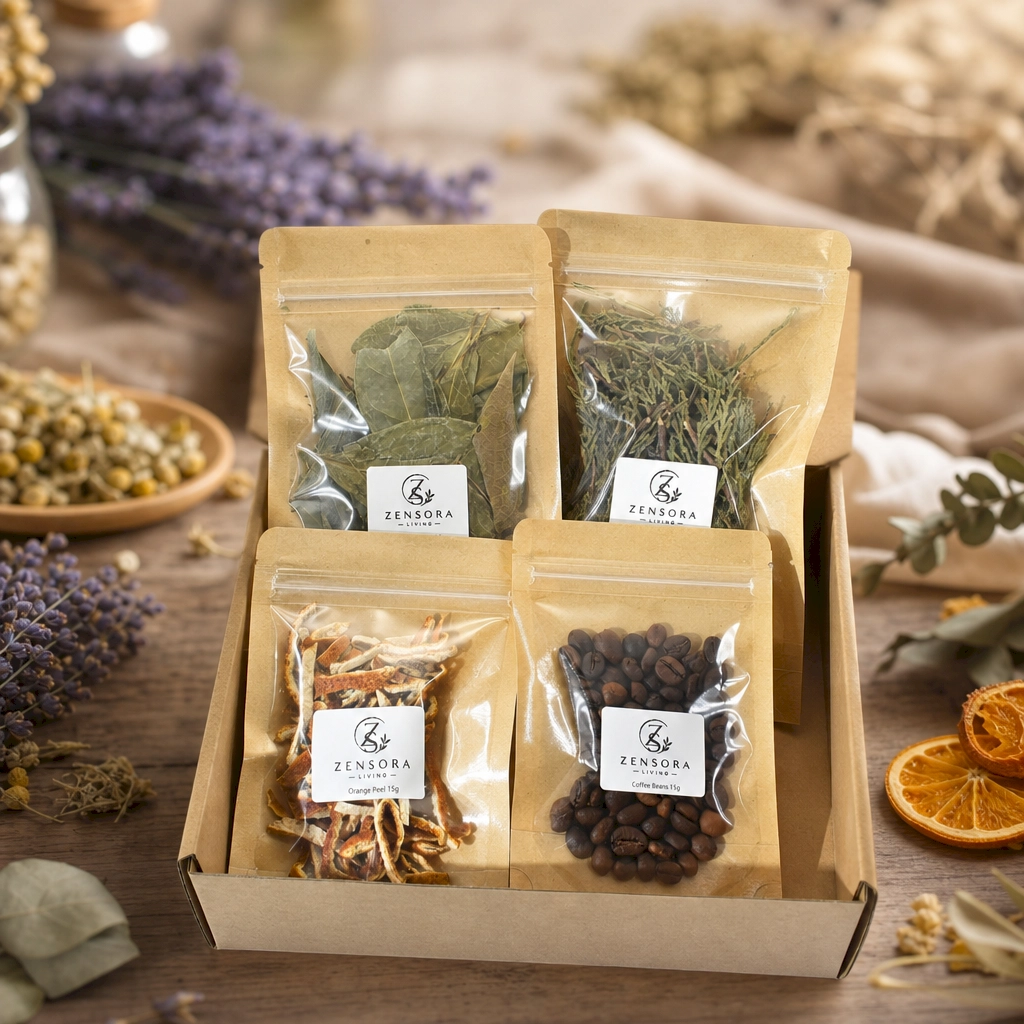 Cozy citrus aromatherapy gift set with coffee orange peel bay leaf and cedar in kraft pouches