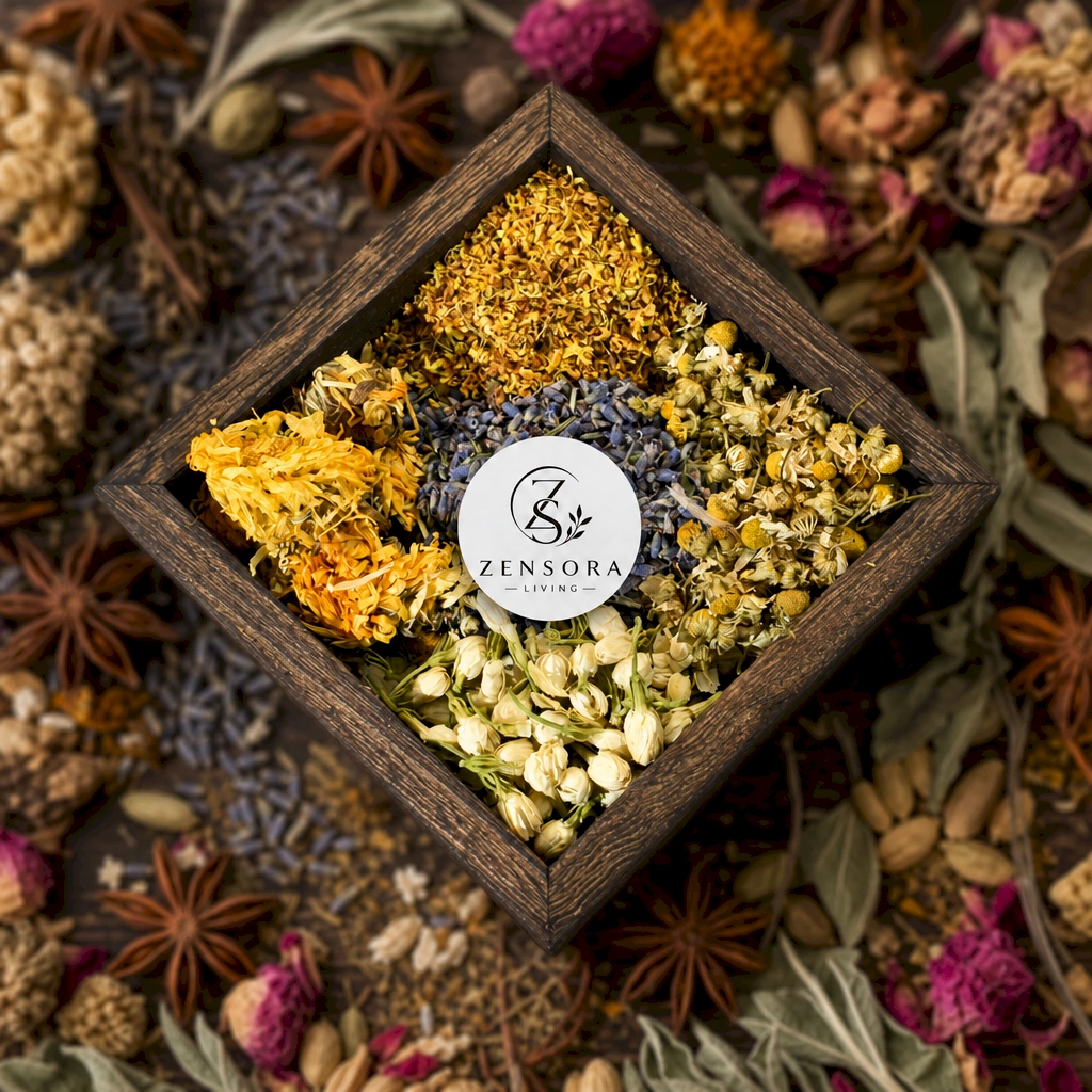 Floral aromatherapy gift set in kraft pouches with Zensora Living label