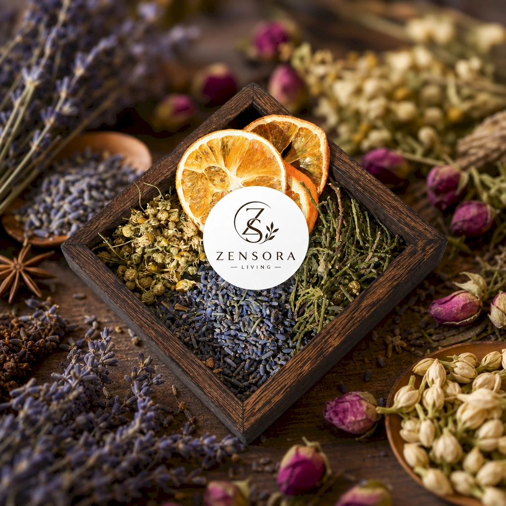 Dried orange cedar lavender and chamomile floral citrus aromatherapy blend in ceramic warmer