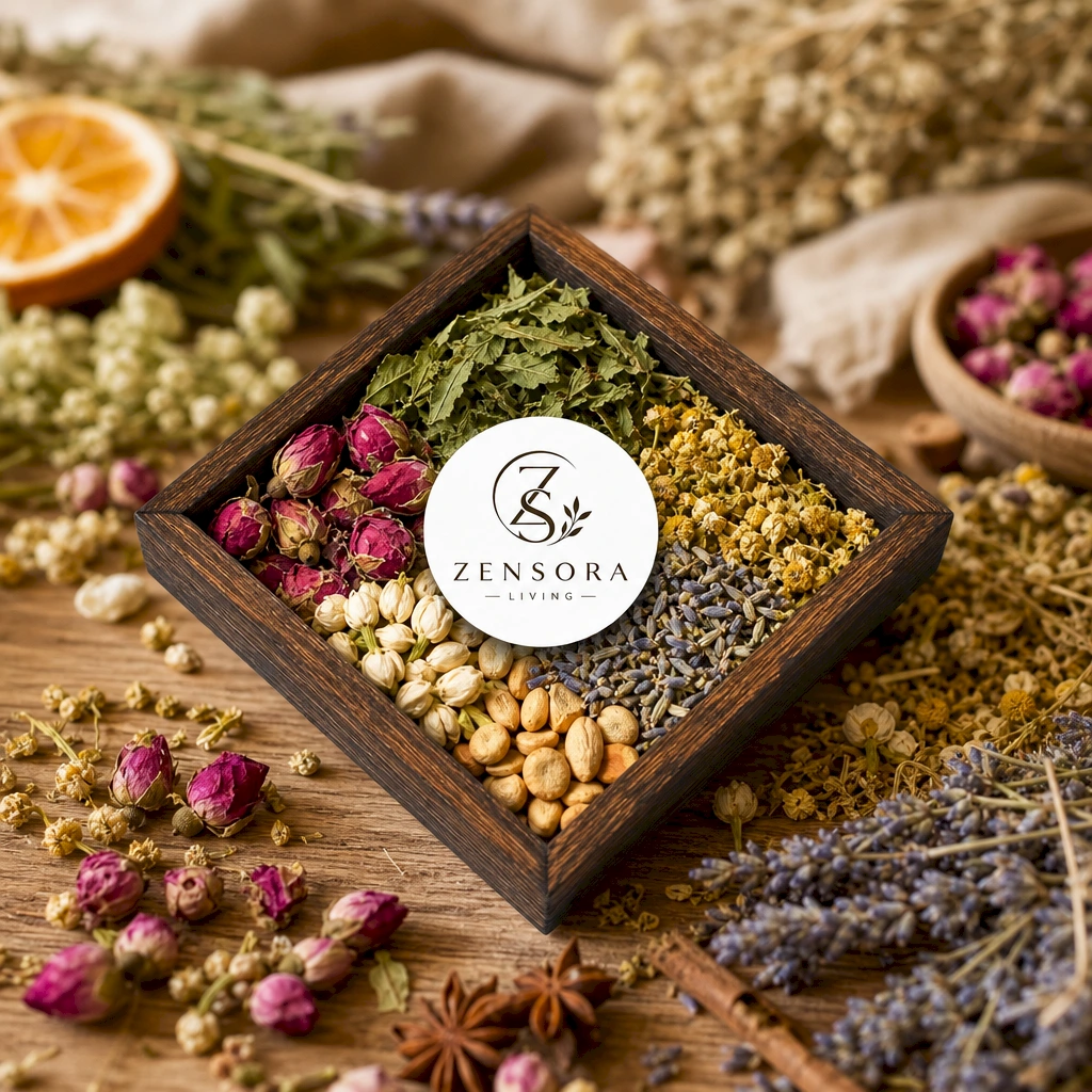 Dried orange rosemary rose and osmanthus floral citrus aromatherapy blend in ceramic warmer