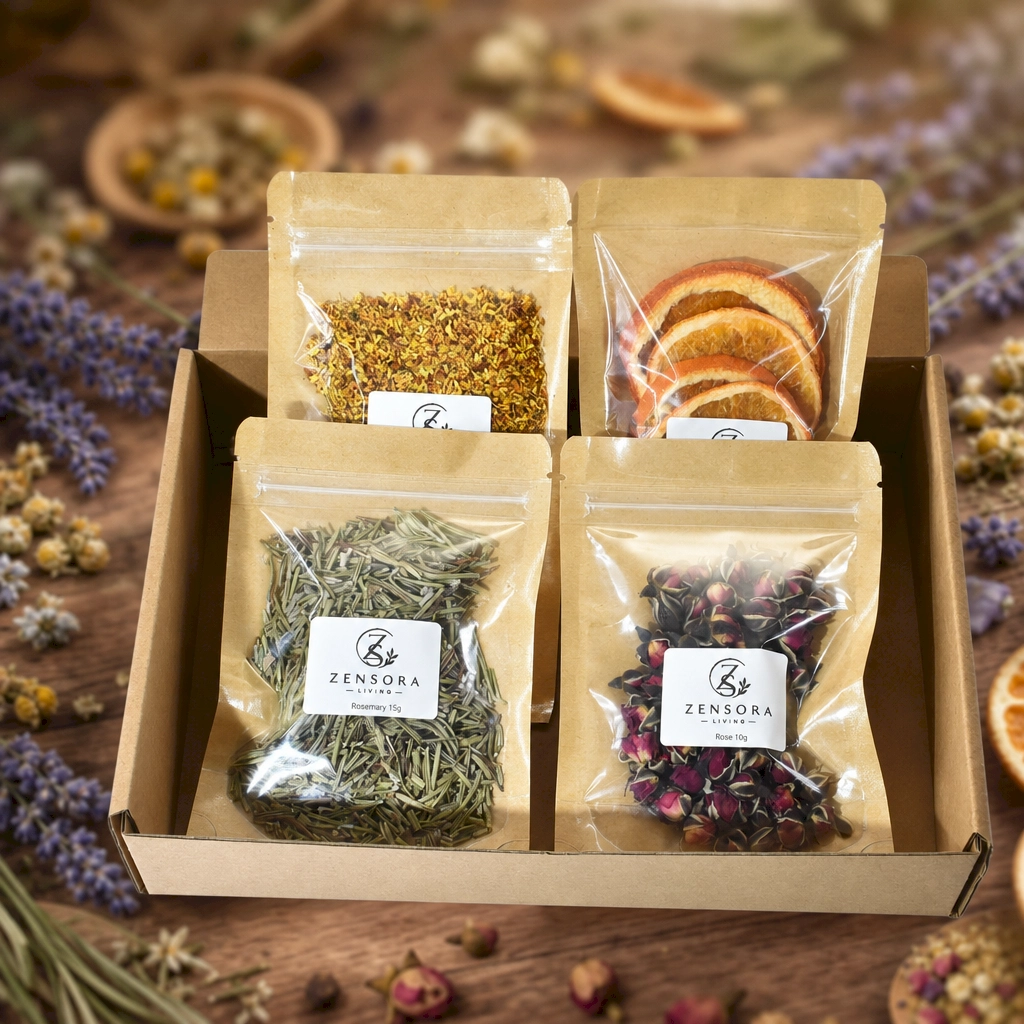 Floral citrus aromatherapy gift set with dried orange rosemary rose and osmanthus in kraft pouches