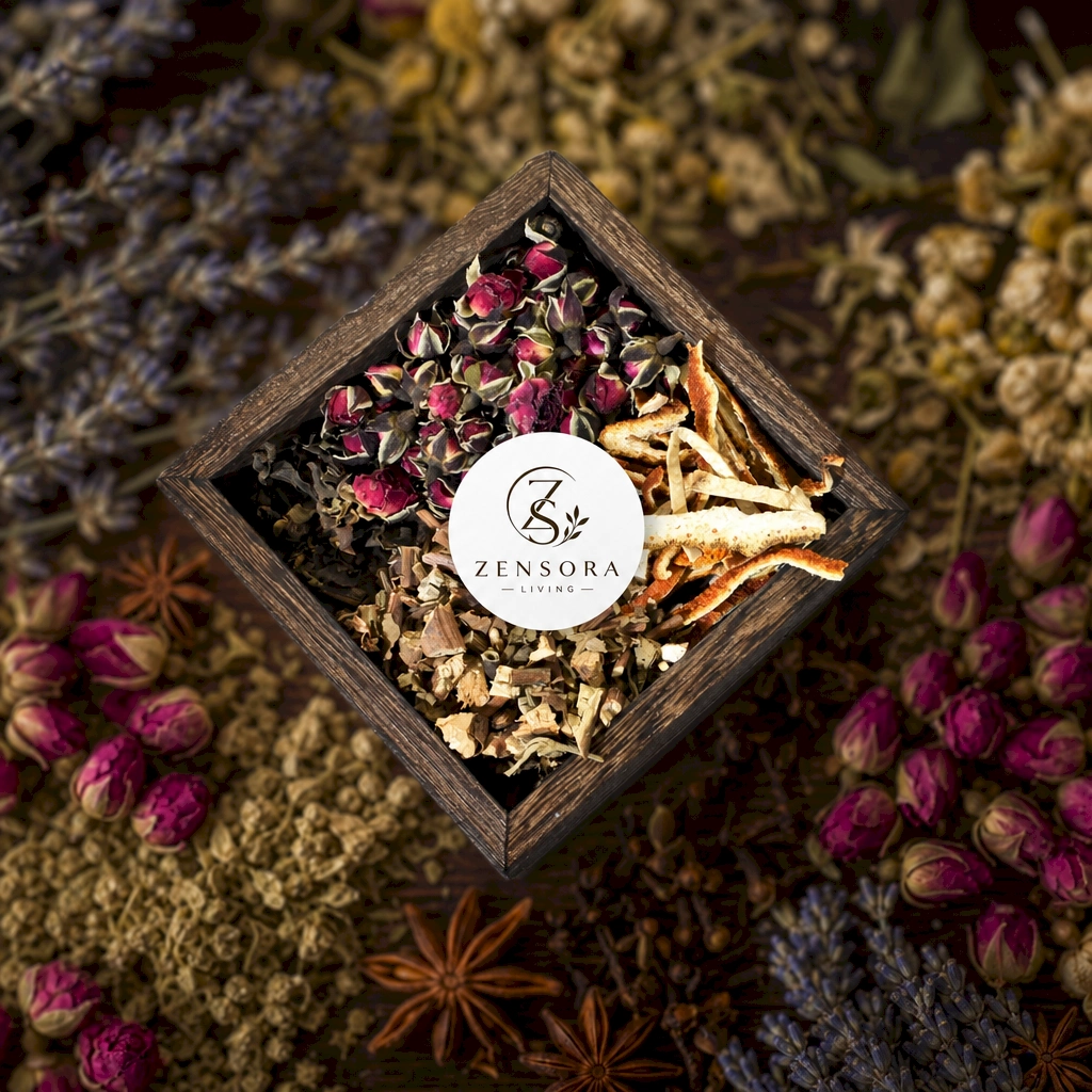 Floral woody aromatherapy blend with dried rose buds orange peels and patchouli in wooden tray