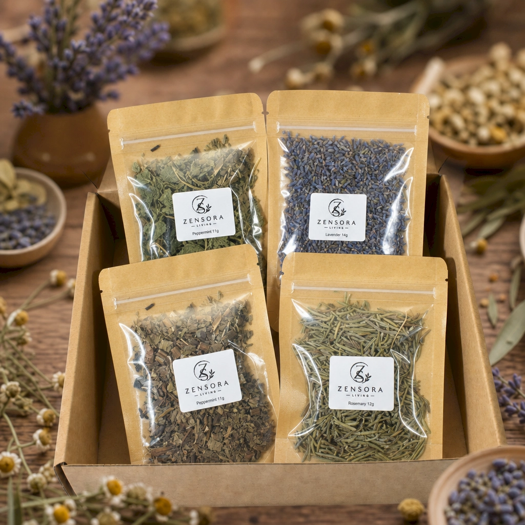 Fresh herbal aromatherapy gift set in kraft pouches with Zensora Living label