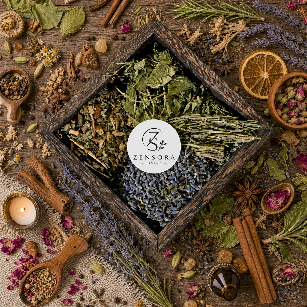 Lavender mint lemon balm and rosemary in ceramic aroma warmer