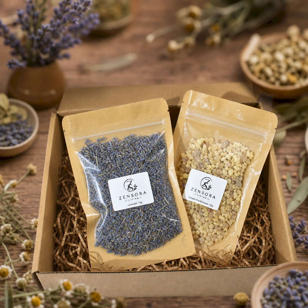 Dried lavender and Yemen frankincense resin in ceramic aroma warmer