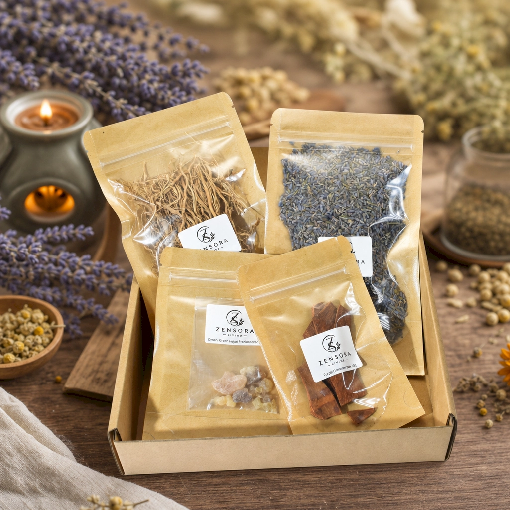 Woody floral aromatherapy gift set with lavender vetiver cassia and frankincense in kraft pouches
