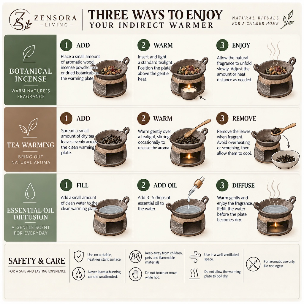 Three ways to enjoy Zensora Living indirect warmer with botanical incense