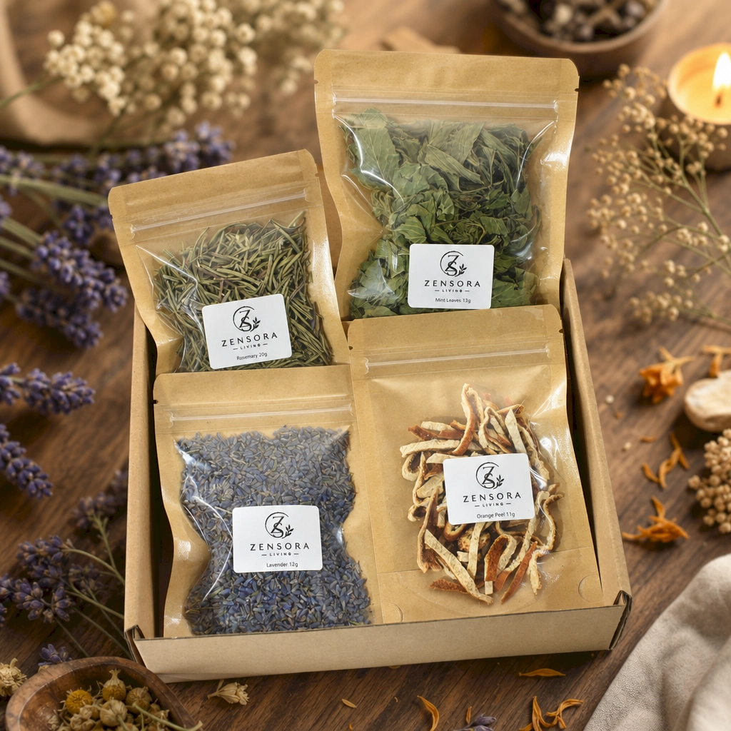 Herbal citrus aromatherapy gift set with rosemary mint lavender and orange peel in kraft pouches