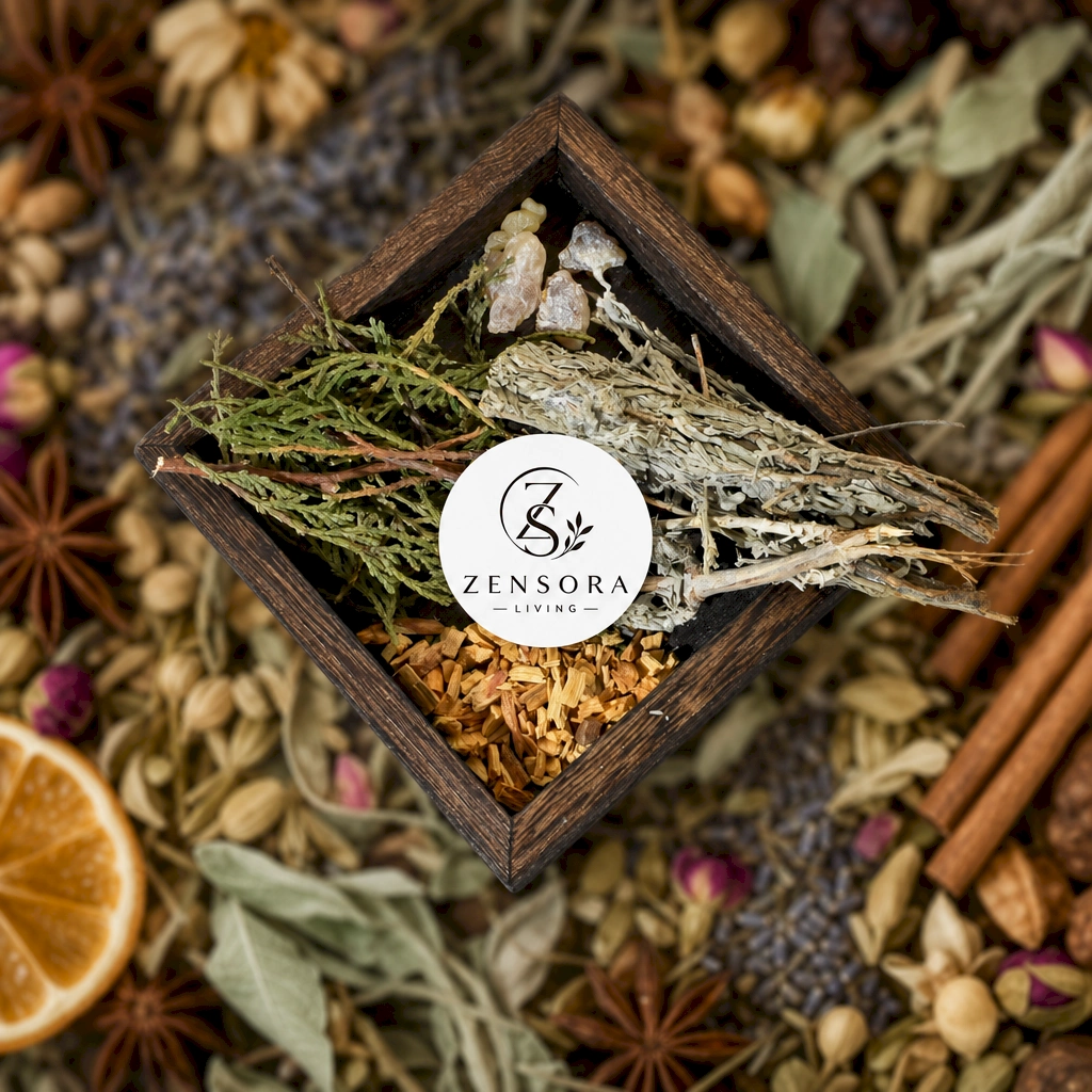 White sage cedarwood Palo Santo and Omani frankincense warming in ceramic aroma burner