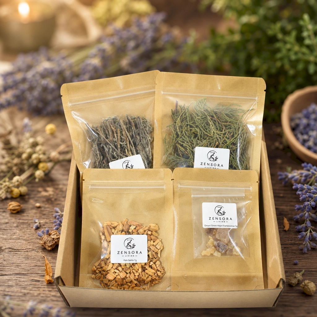 White sage cedarwood Palo Santo and frankincense in wooden triangle tray