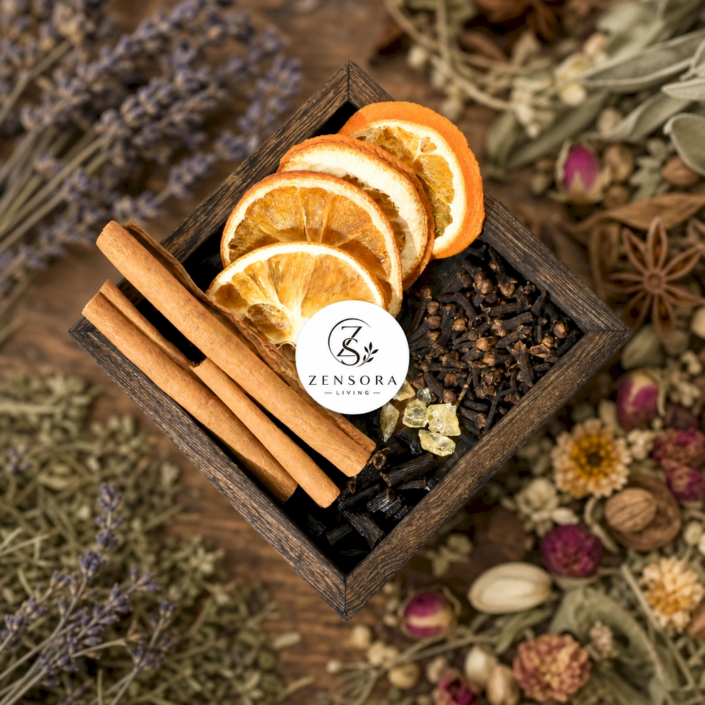 Spiced orange resin aromatherapy gift set with cinnamon vanilla orange clove and pine resin on ceramic warmer