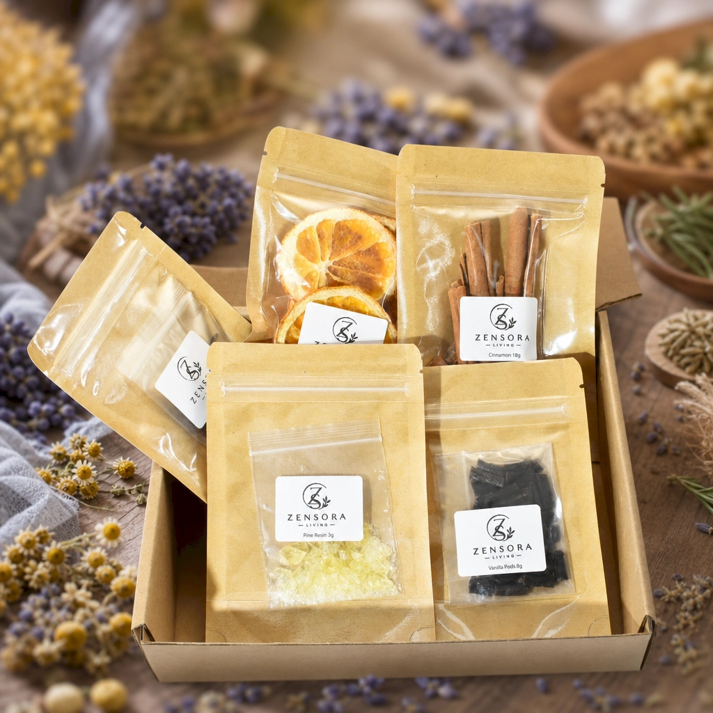 Spiced orange resin aromatherapy gift set in kraft pouches with Zensora Living label