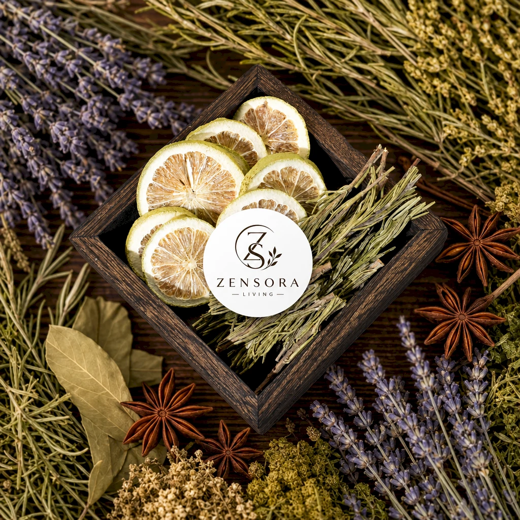Rosemary and dried lemon slices in ceramic aroma warmer with tealight