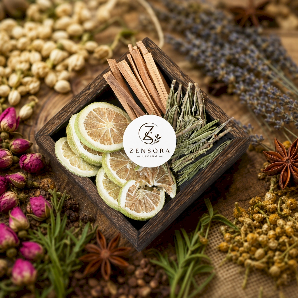 Dried lemon rosemary and Palo Santo citrus herbal blend in ceramic warmer