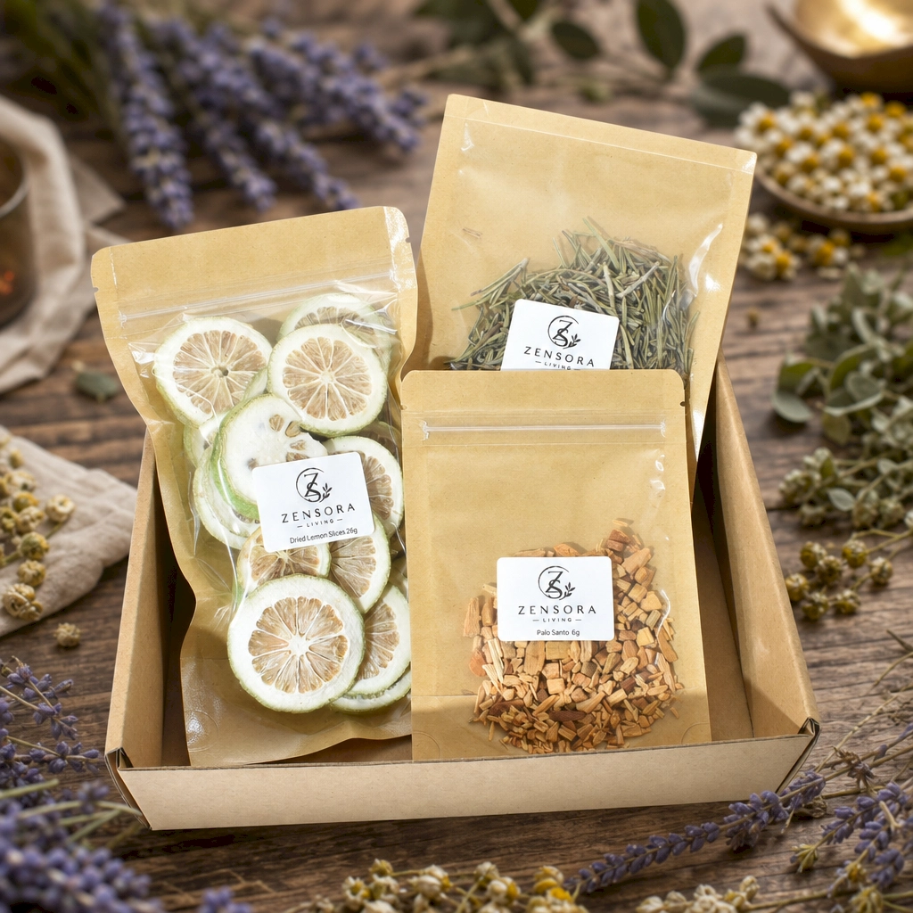 Dried lemon rosemary and Palo Santo in wooden triangle tray