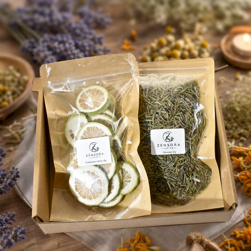 Zensora Living rosemary lemon blend in wooden diamond box with brand disc