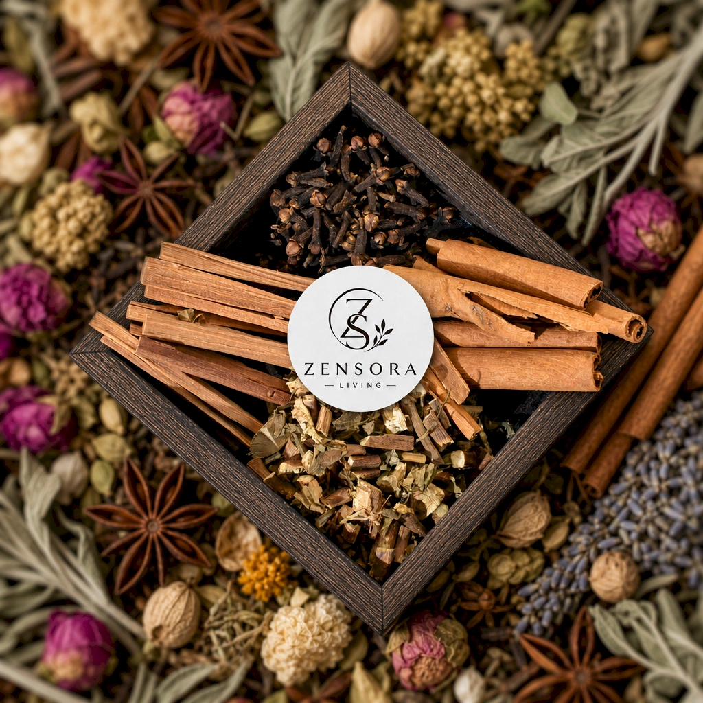 Woody spice aromatherapy gift set in kraft pouches with Zensora Living label