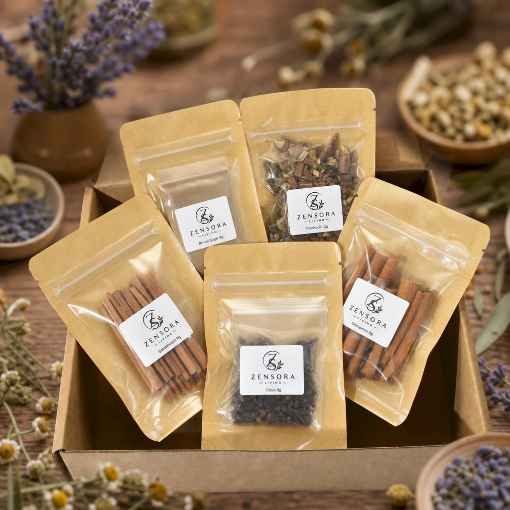 Woody spice aromatherapy gift set in kraft pouches with Zensora Living label