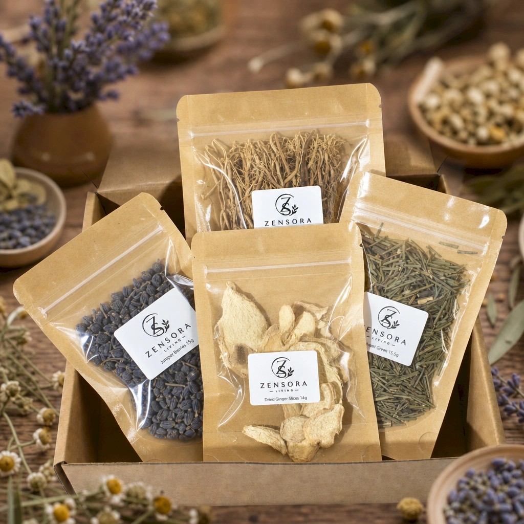 Woody spicy aromatherapy blend with dried ginger and vetiver in wooden tray