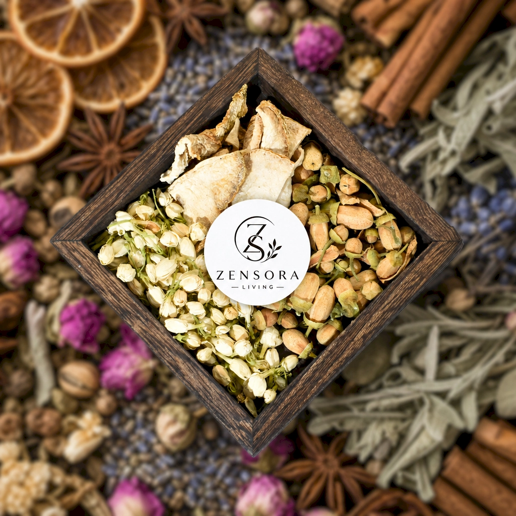 Citrus floral resin aromatherapy blend with dai dai bergamot jasmine and frankincense in wooden tray