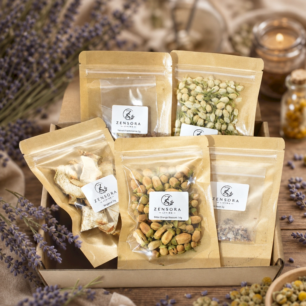 Citrus floral resin aromatherapy blend with dai dai bergamot jasmine and frankincense in wooden tray