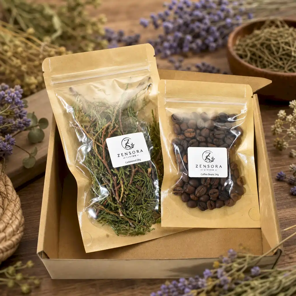 Zensora Living coffee cedar blend in wooden diamond box with brand disc