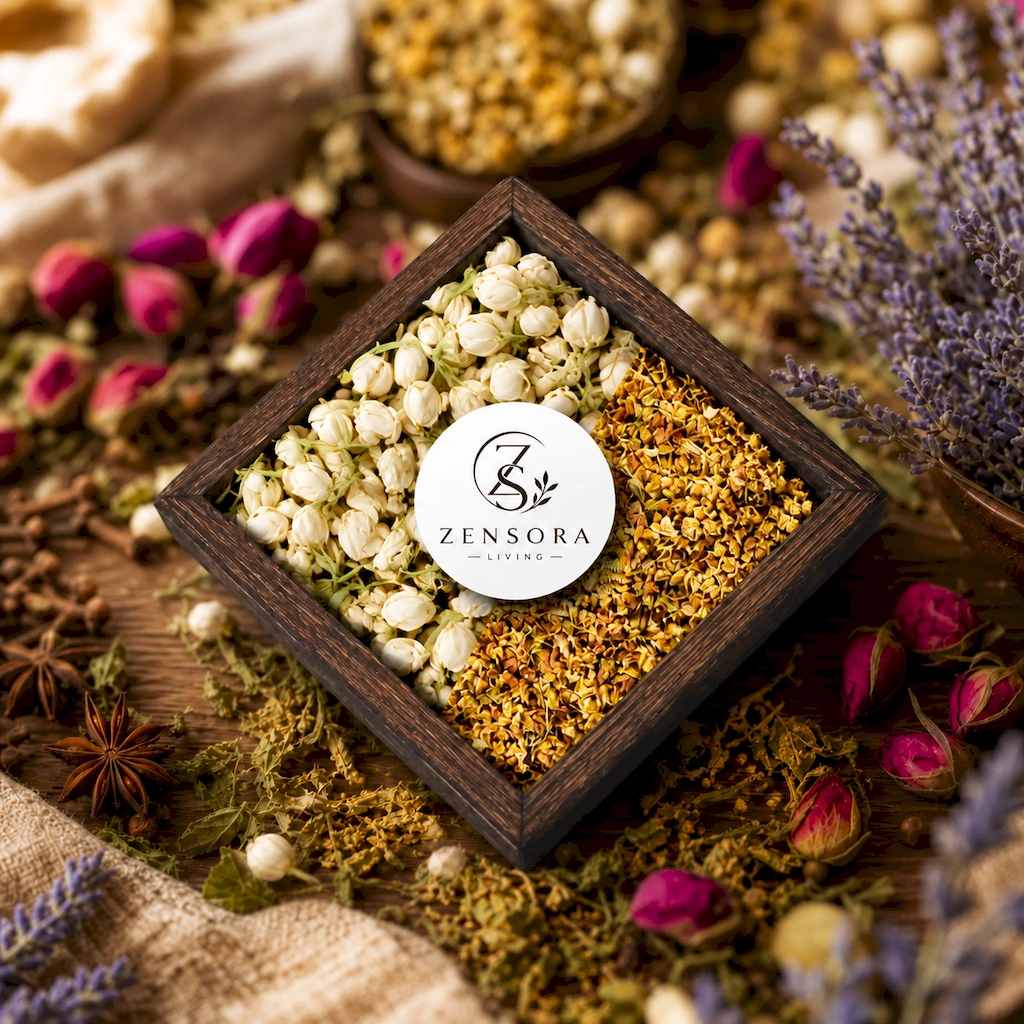 Jasmine and osmanthus flowers in wooden triangle tray
