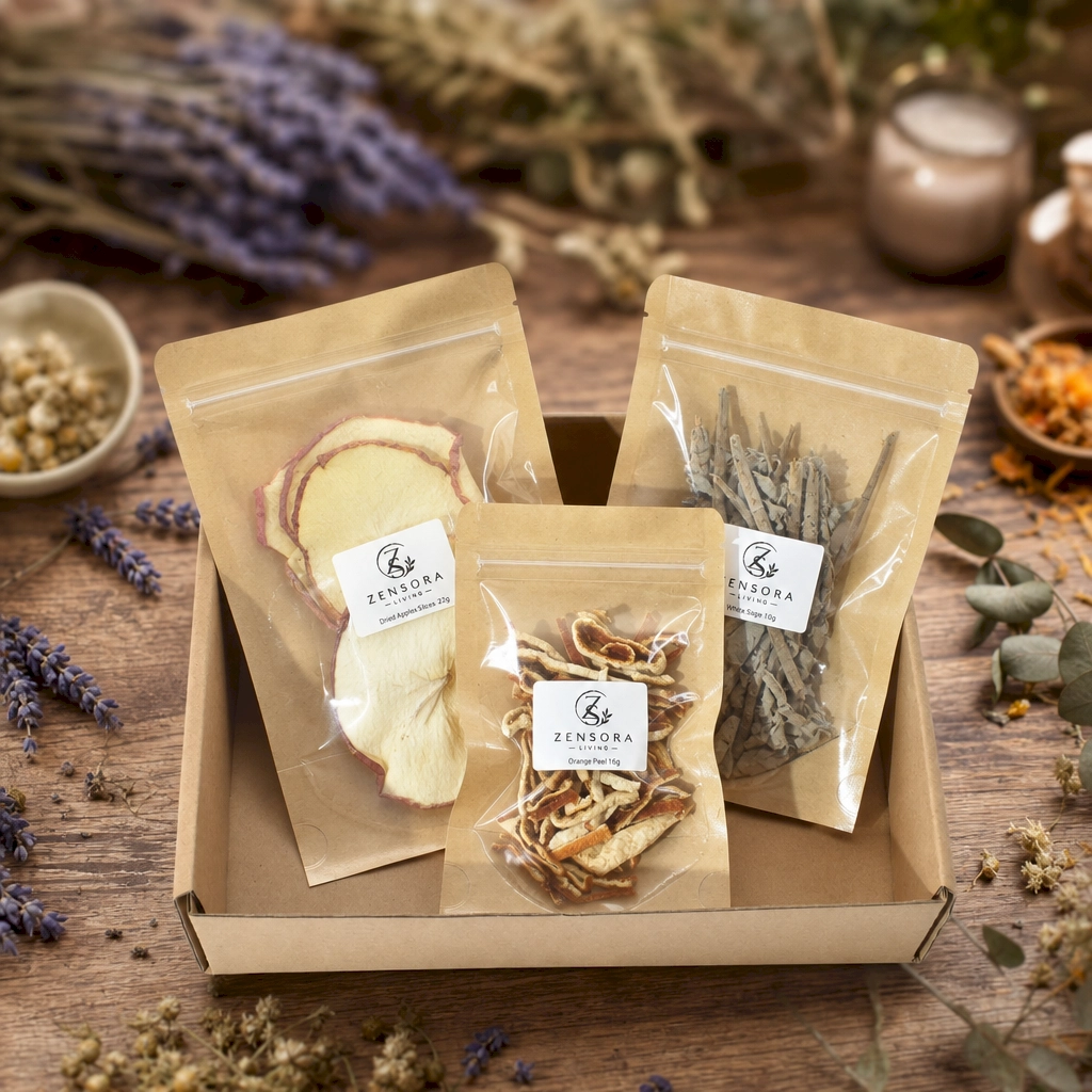 Dried apple orange peel and white sage aromatherapy gift set in kraft pouches