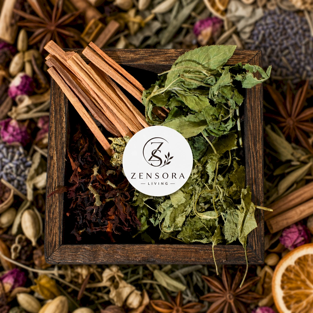 Herbal woody aromatherapy blend in wooden triangle tray with cinnamon and dried herbs