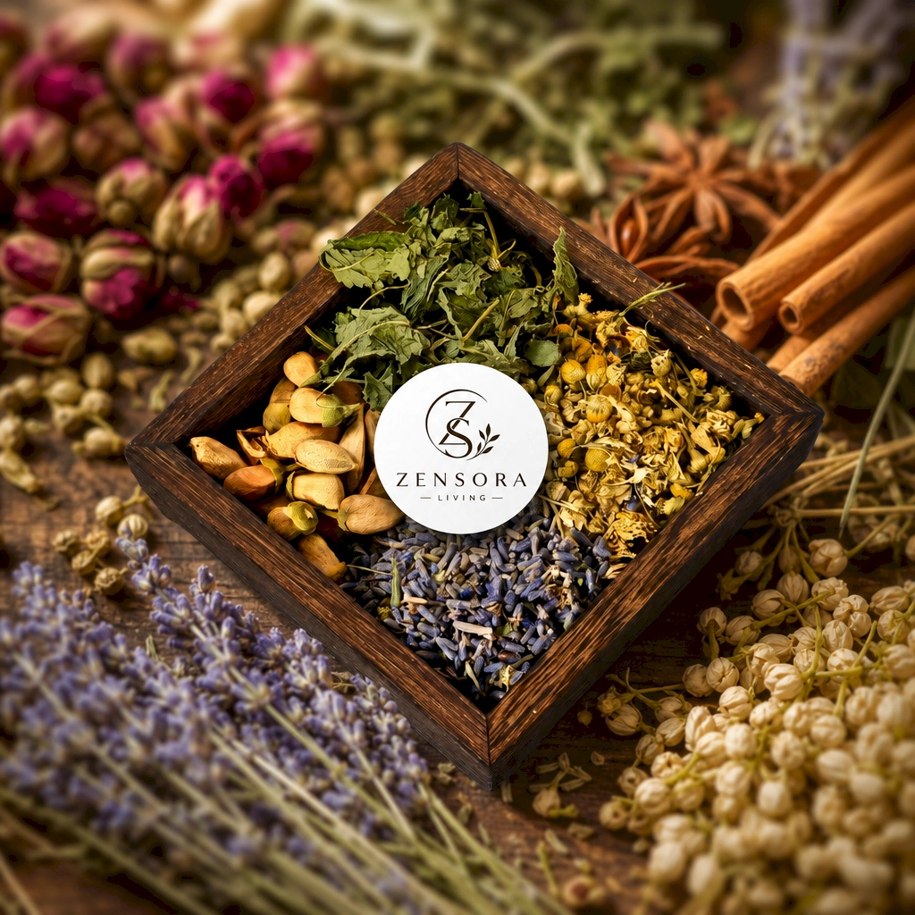 Dried orange cinnamon bay star anise clove and rosemary warming spice blend in ceramic warmer